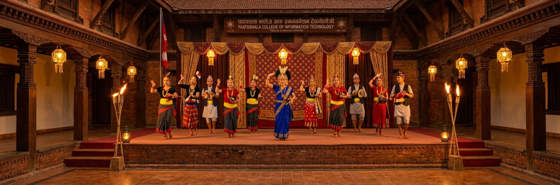 A vibrant performance of traditional Nepali dance at a Paathshala College cultural event.